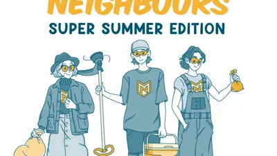 Mighty Neighbours Super Summer Edition with characters, Lena the Litter Legend, Sonny the Spark, and Poop Scoopin' Penny