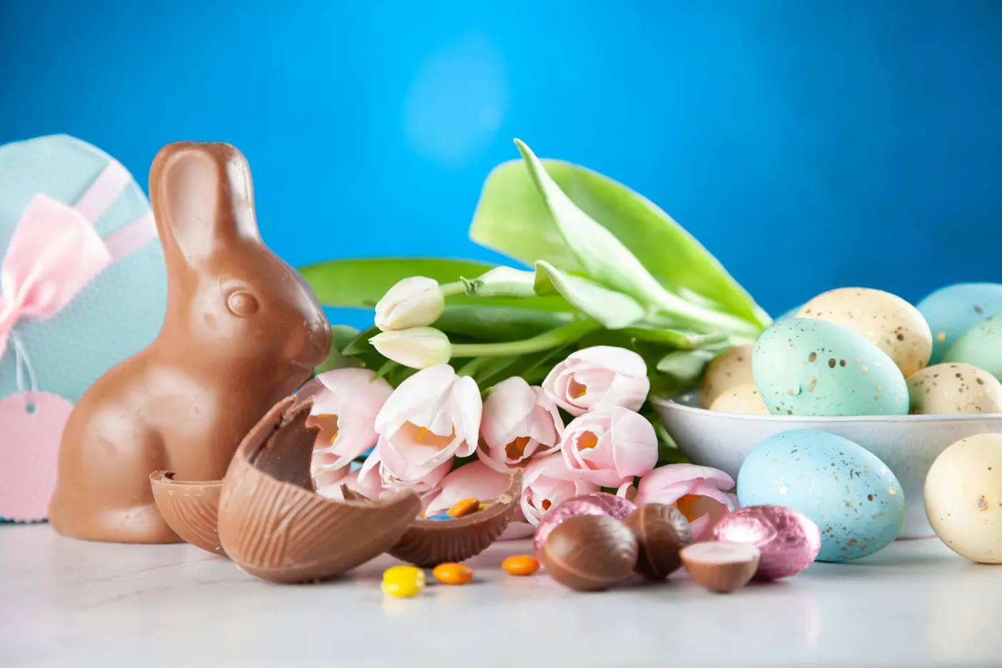 Easter stock photo- chocolate bunny, tulips, eggs