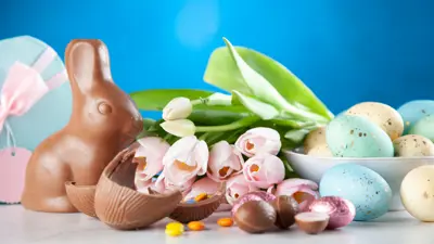 Easter stock photo- chocolate bunny, tulips, eggs