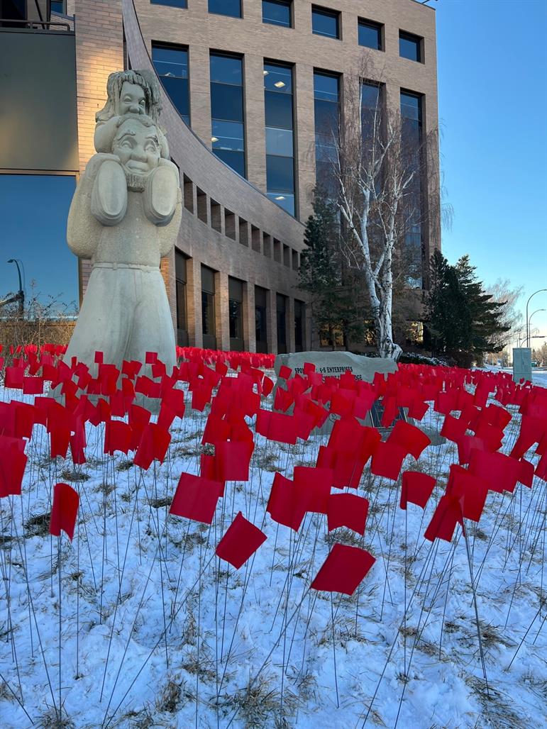 Image of Missing and Murdered Indigenous Women and Girls remembered with visual display at City Hall
