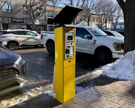 Downtown parking kiosk winter 2024