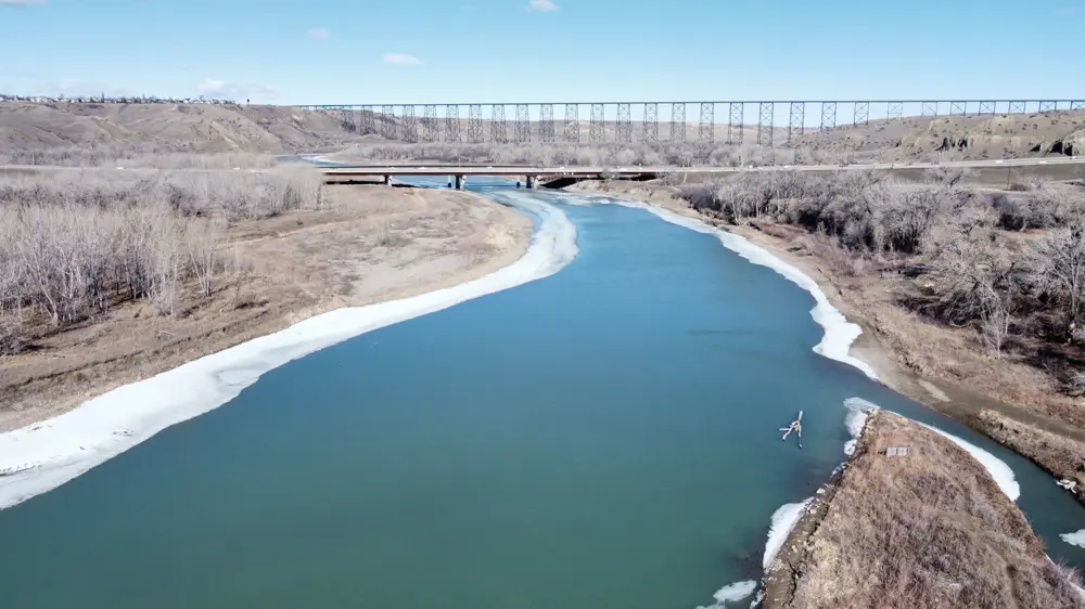 Oldman River For Landing Site aerial view in winter 