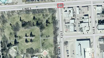 7 St S and 1 Ave S Road Closure Birds eye street view