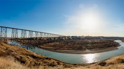 Coulee river bottom panoramic train bridge