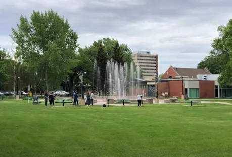 Galt Garden water fountain media crew on site
