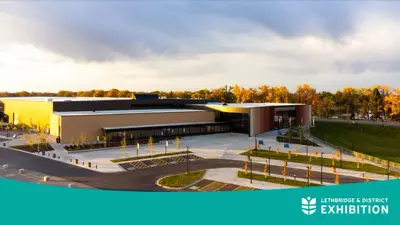 Lethbridge Exhibition building exterior with banner