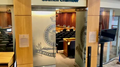 Council Chamber outside with one open door